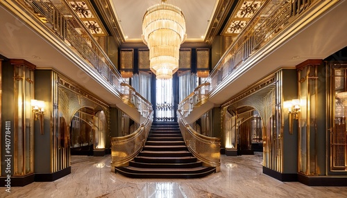 luxurious entrance hall of an art deco hotel with elegant staircase and lighting