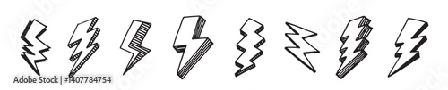 set of hand drawn vector doodle electric lightning bolt symbol sketch illustrations. thunder symbol doodle icon.