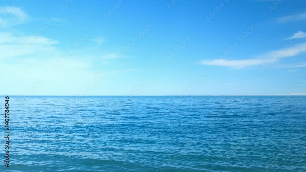 Nature blue background with wavy sea ripples on water surface and cloudy sunny sky. Scenery seascape horizon light. Wild ocean coastline, tourism, place for rest relax on vacation, journey, trip.