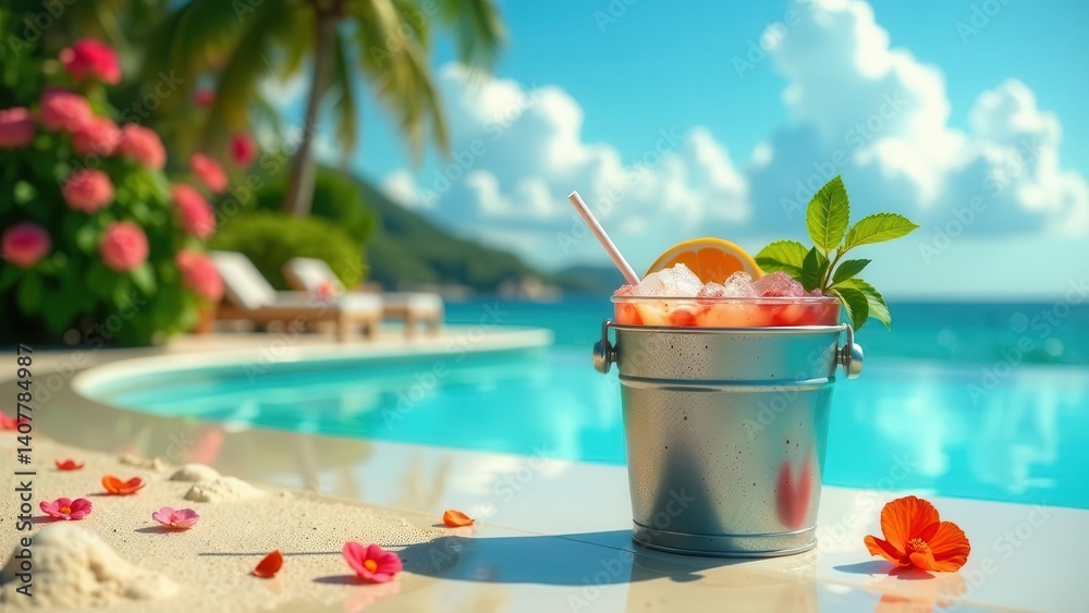 Refreshing Iced Beverage by Poolside Paradise with Tropical Flowers Refreshing Iced Beverage by Poolside Paradise with Tropical Flowers