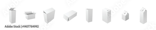 Set of realistic vertical tall cardboard rectangular cosmetic or medical packaging, paper boxes. Milk and juice boxes. Realistic mockup of a tall white cardboard box, 3d blank templates