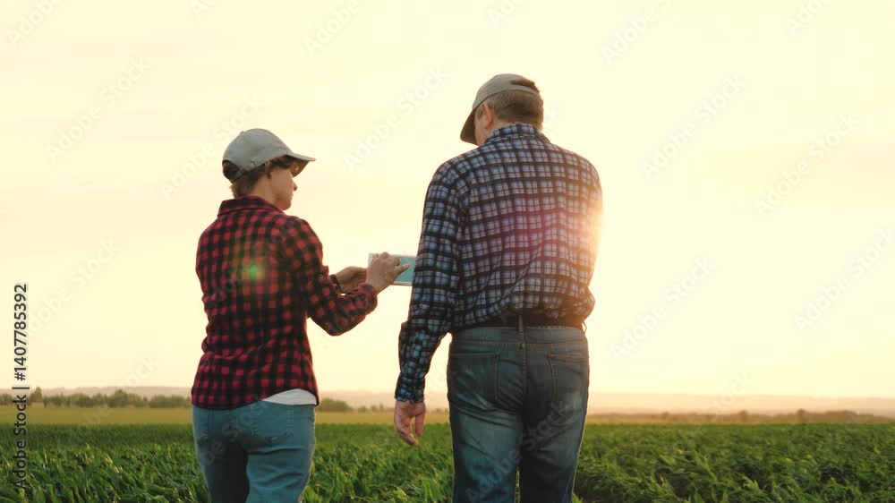 two farmers work tablet sun, farming, teamwork group people, contract handshake agreement, walking sunset examining team work day farmland tablet computer golden shining farmers approaching business two farmers work tablet sun, farming, teamwork group people, contract handshake agreement, walking sunset examining team work day farmland tablet computer golden shining farmers approaching business