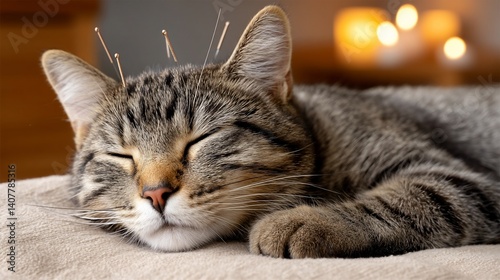 Cat receives acupuncture therapy. Needles gently placed for alternative medicine. Calm