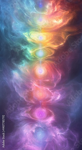 Kundalini Chakra Diagram with Spiraling Energy Vortex in Vibrant Rainbow Colors