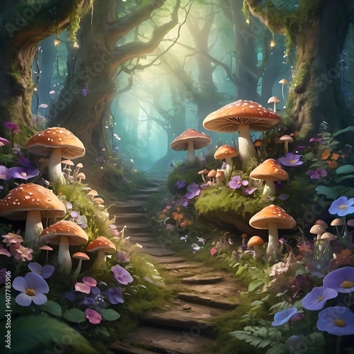 A magical forest setting with edible flowers and glowing mushrooms. photo