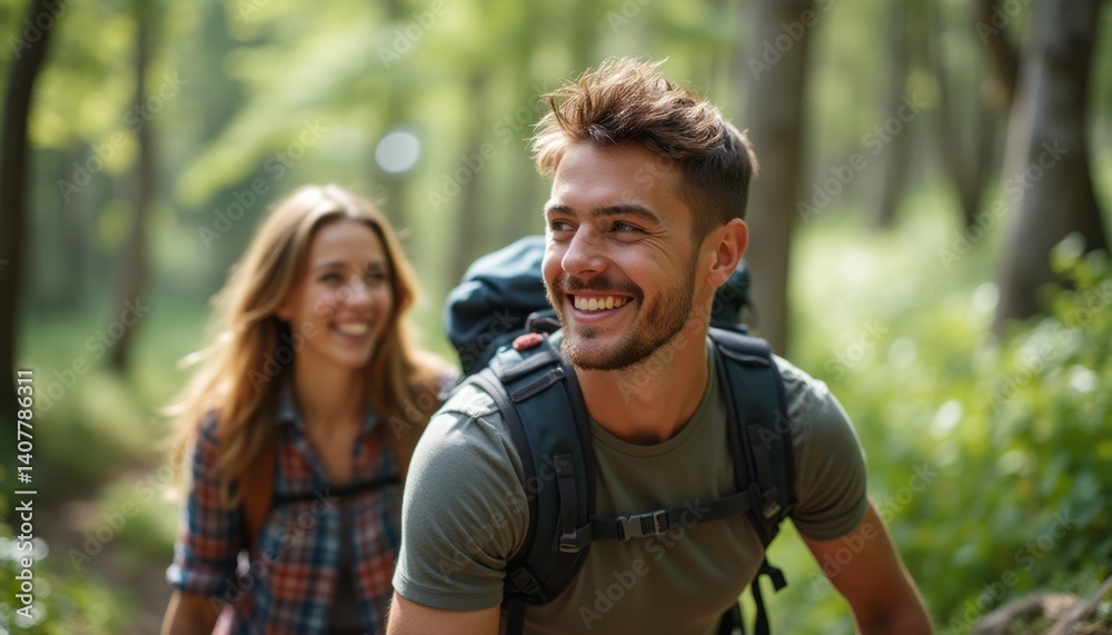 Fototapeta premium A cheerful man and woman are hiking together in a vibrant green forest, radiating happiness and adventure. Their smiles reflect the joy of exploring nature, showcasing a perfect blend of companionship