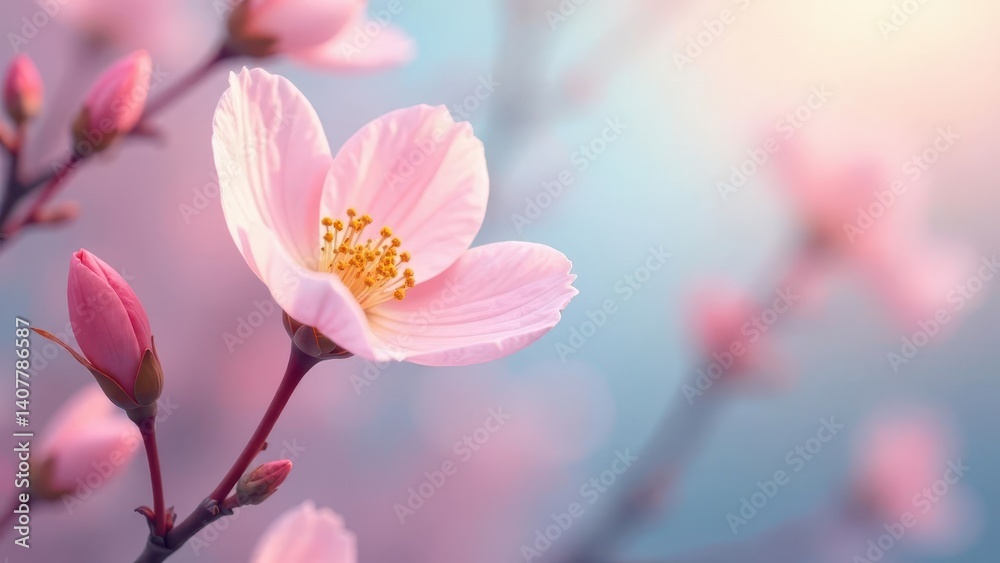 A Delicate Pink Blossom in Soft Sunlight, Gracefully Unfurling its Petals, a Symbol of Spring's Gentle Arrival and the Promise of New Beginnings A Delicate Pink Blossom in Soft Sunlight, Gracefully Unfurling its Petals, a Symbol of Spring's Gentle Arrival and the Promise of New Beginnings