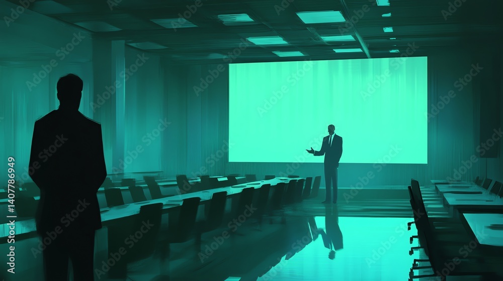 Fototapeta premium Presentation in Empty Auditorium Business Speaker Standing on Stage