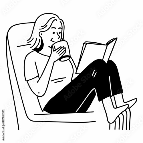 Line Art Caucasian mature woman with grey hair relaxing after hard working day in office