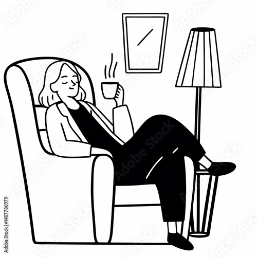 Line Art Caucasian mature woman with grey hair relaxing after hard working day in office