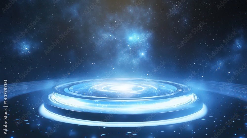 Fototapeta premium Futuristic glowing platform floating in front of a starry night sky