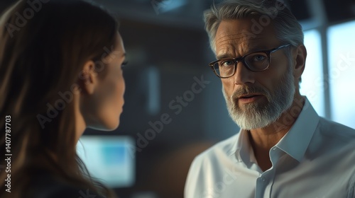 Mature Man Talking with Younger Woman in Office with Focused Expression