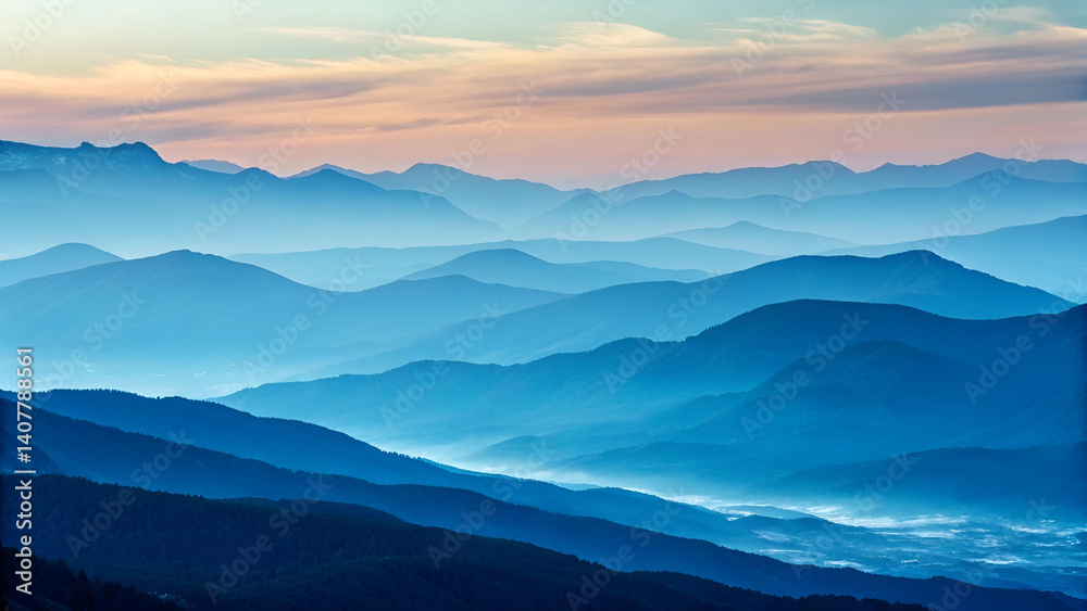 Obraz premium Layered Blue Mountain Ranges in Morning Haze Over Water.
