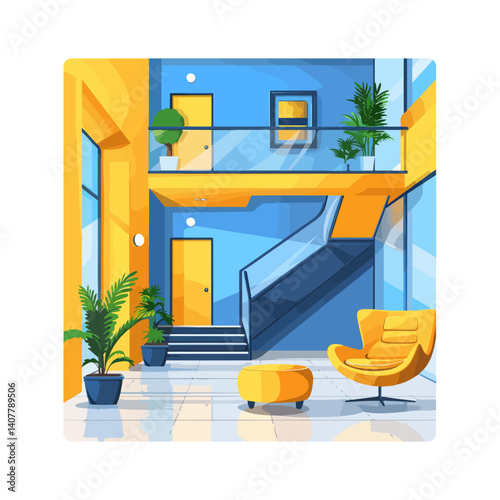 Modern Building Interior Design Spacious Lobby with Yellow Accents