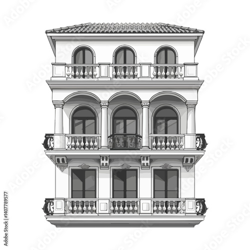 Elegant Three-Story Building Facade with Arched Windows and Balconies, a classic architectural design