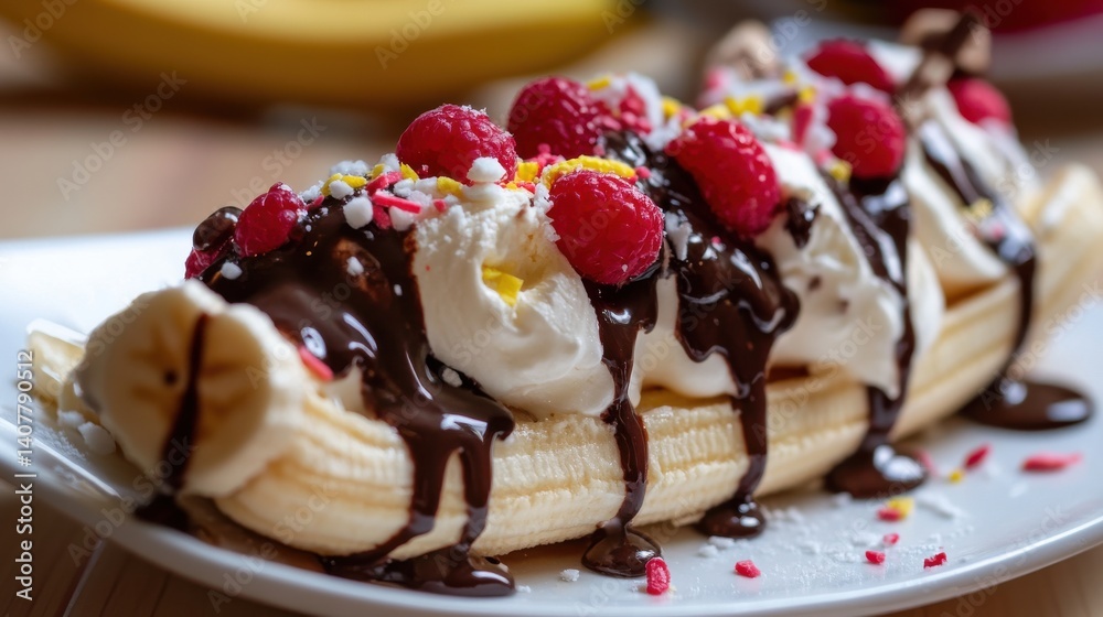 A banana split topped with whipped cream, fresh raspberries, and drizzled with chocolate sauce, served on a white plate. A banana split topped with whipped cream, fresh raspberries, and drizzled with chocolate sauce, served on a white plate.