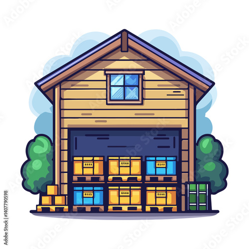 Wooden Warehouse Building with Pallets of Goods Stockroom Illustration
