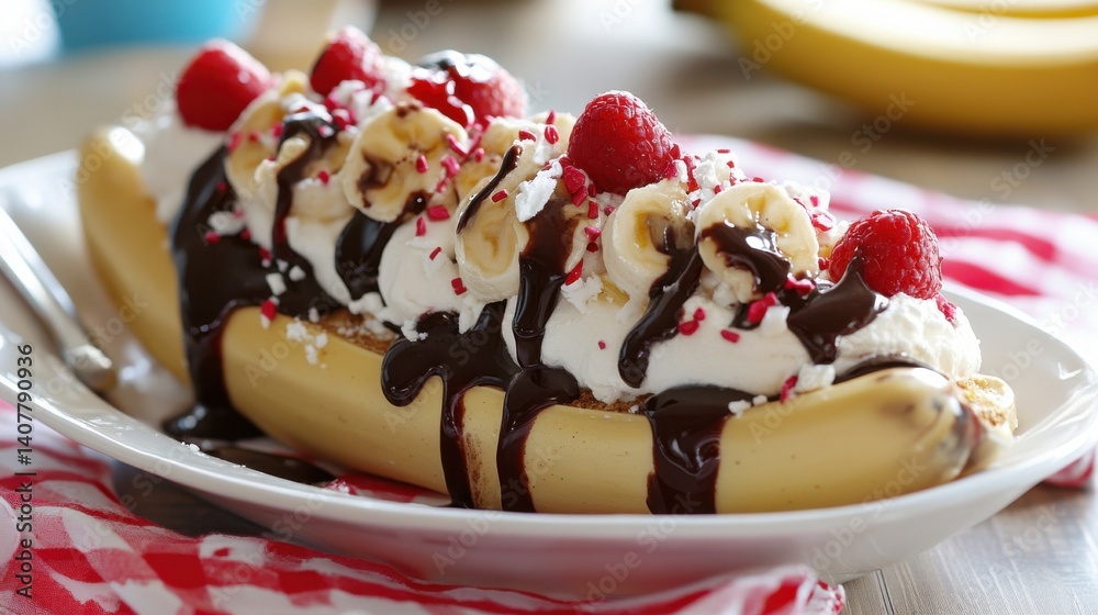 A banana split topped with whipped cream, fresh raspberries, and drizzled with chocolate sauce, served on a white plate.
