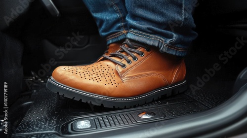 Close Up of Foot Pressing Car Accelerator Pedal for Driving Speed and Control Inside Vehicle