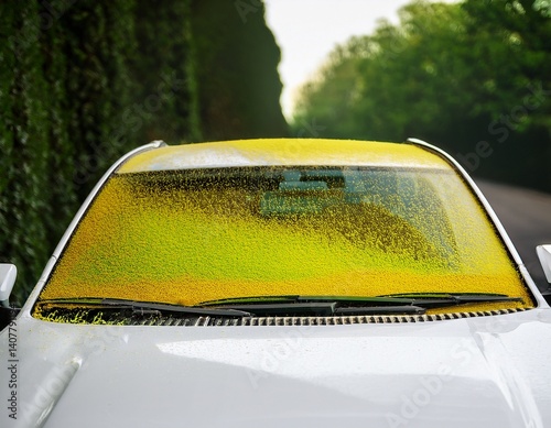 greenish yellow pollen coating a white windshield