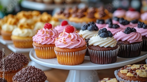 colorful fundraiser bake sale table featuring a variety of delicious homemade treats including cookies cupcakes brownies muffins pastries and cakes with a blurred background,photo stock