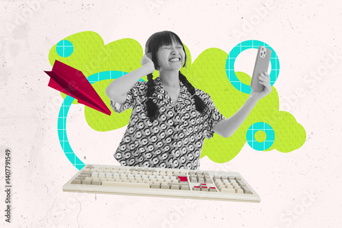 Composite 3D collage trend template design of young lady influencer smile hold smartphone paper flight keypad qwerty digital laptop user