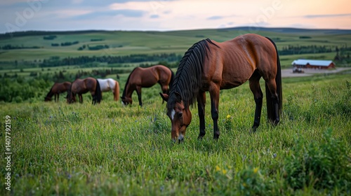 Horses grazing on a hillside meadow at sunset