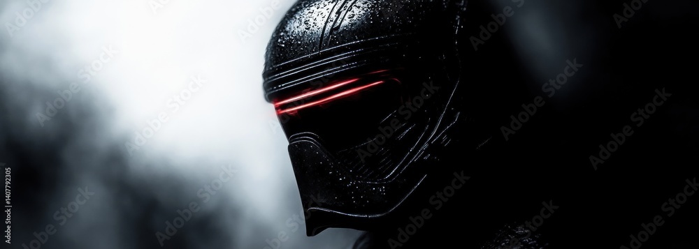 Fototapeta premium Mysterious Dark Figure Helmeted Portrait in Noir Style