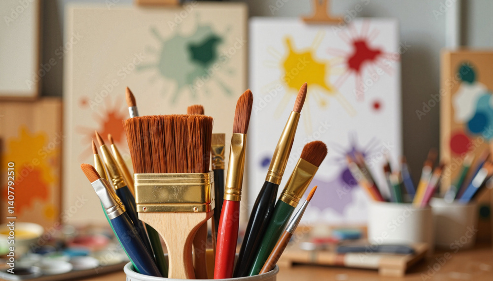 Fototapeta premium Art supplies collection with colorful paint splatters in the background 