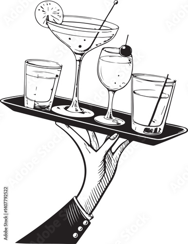 Cocktails on Tray Served by Bartender Server Bar Party Drinks Black and White Vector Illustration, Sketch Drawing Line Linear Symbol Icon Engraving, Hand-drawn Isolated