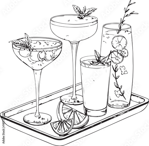 Cocktails on Tray Bartending Bar Serving Black and White Vector Illustration, Sketch Drawing Line Linear Symbol Icon Engraving, Hand-drawn Isolated