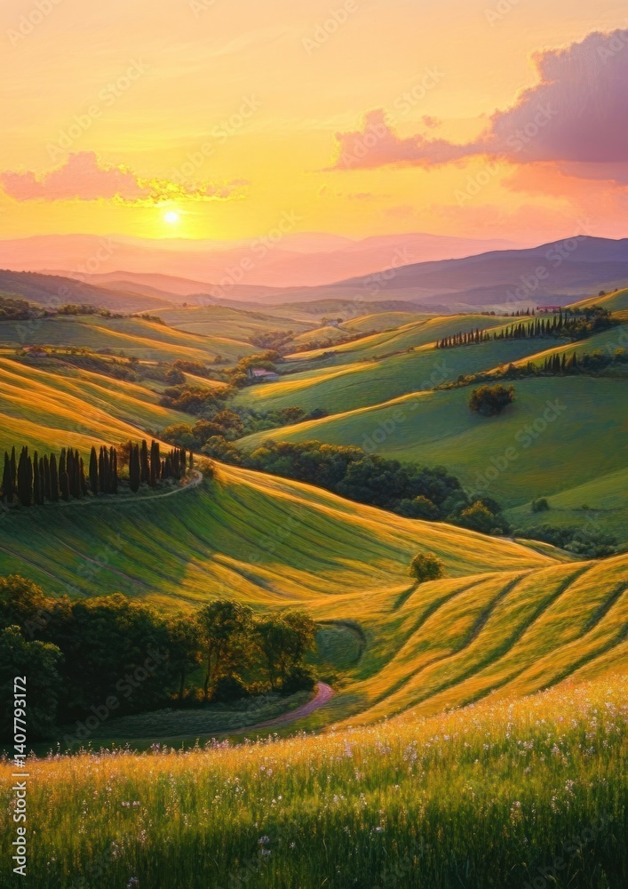 Naklejka premium Sunset Over Rolling Hills in the Tuscan Countryside
