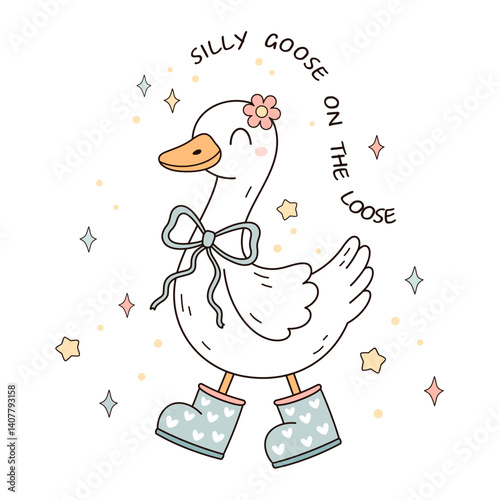 Silly goose on the loose. Silly goose meme shirt. Cute silly goose. Farm animal hand drawn vector illustration in flat style	
