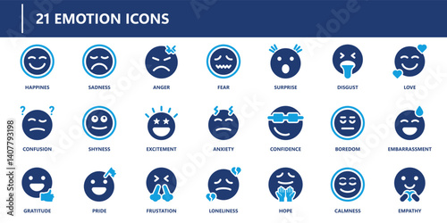Emotion icons pack in solid style featuring happiness, sadness, anxiety, confidence, loneliness, pride, gratitude, and empathy expressions.