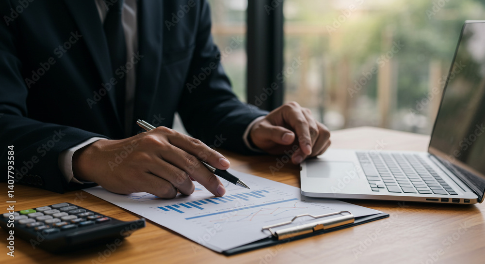 Businessman analyzing financial data graphs charts on laptop calculator clipboard warm office Businessman analyzing financial data graphs charts on laptop calculator clipboard warm office