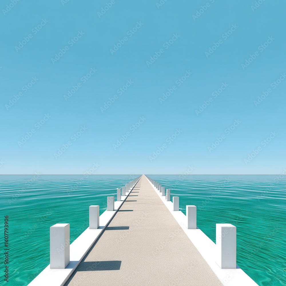 Serene Pier Overview with Calm Water and Clear Blue Sky Serene Pier Overview with Calm Water and Clear Blue Sky