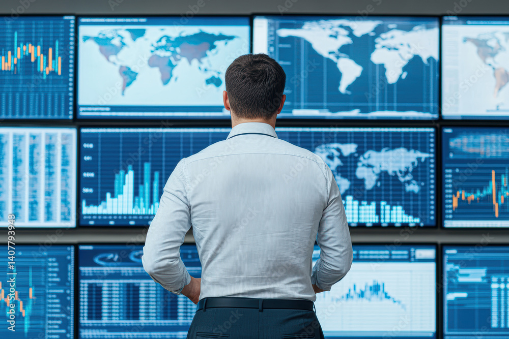 Fototapeta premium A man analyzes data on multiple screens in a modern office environment.