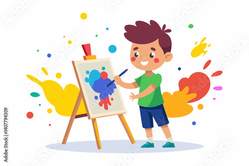 Child painting at an easel with colorful splashes on a white background