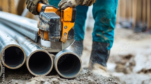Construction worker using a power saw to cut metal pipes. Featuring precision and care