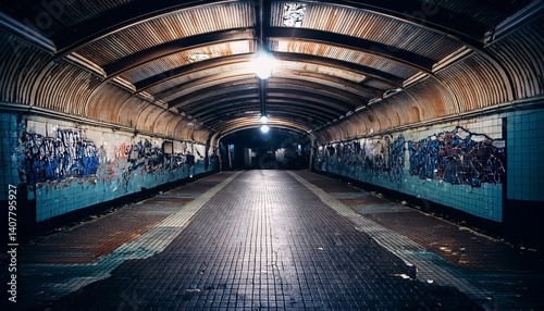 urban decay in a disused subway station with broken tiles graffiti and eerie dim lighting