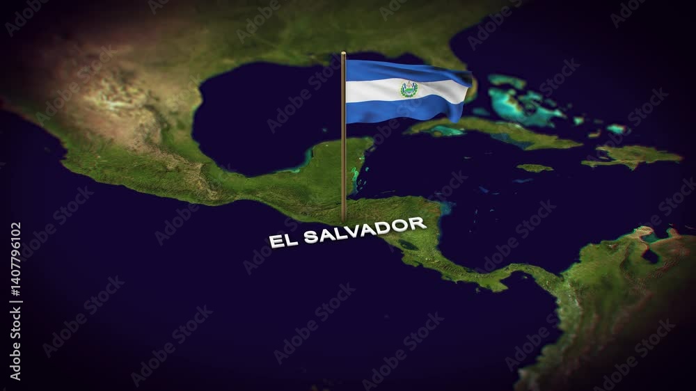 The Flag of El Salvador on the World Map, El Salvador map with flag 3d animation