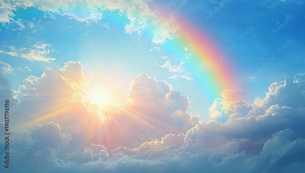Vibrant Rainbow Sky with Fluffy Clouds and Bright Sunshine Vibrant Rainbow Sky with Fluffy Clouds and Bright Sunshine