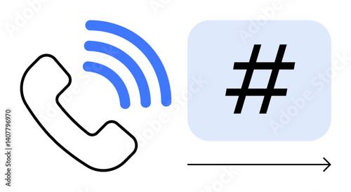 Telephone handset with blue sound waves and adjacent hash symbol, indicating communication flow. Ideal for telecommunication, customer support, coding, networking, automation, digital tools, simple
