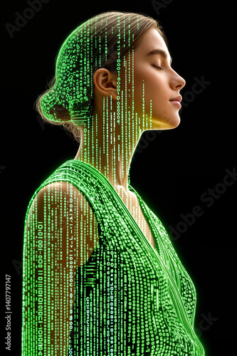 Futuristic Portrait of Woman in Dark Room with Digital Matrix Code Overlay
