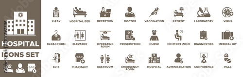Hospital Solid icon set. Collection of vaccination, doctor, x-ray pills, exit, hospital bed, emergancy room, medical ket, patient, nurse, admin, reception. Vector illustration. Editable solid icons.