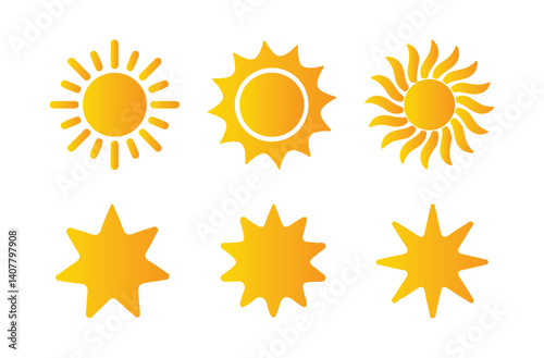Yellow sun icon set, sunshine and solar glow, sunrise or sunset.Hot solar energy for tan. Vector illustration