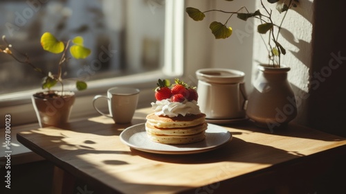 Wallpaper Mural Delicious Stack of Fluffy Pancakes Topped with Fresh Strawberries and Whipped Cream on a Sunlit Table with Plants in a Cozy Breakfast Setting Torontodigital.ca