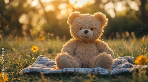a cute teddy bear sitting on a picnic blanket in a sunlit meadow during a warm afternoon