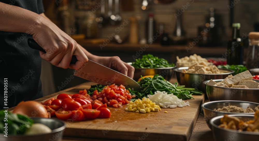 Chef's Hands Chopping Fresh Vegetables On Wooden Cutting Board In Rustic