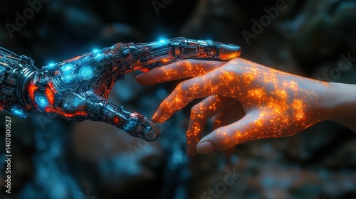 a cyborg finger touching a human finger modern remake of the creation of adam technology meets humanity biology vs technology machine learning ai progress big data digital interface,stock photo